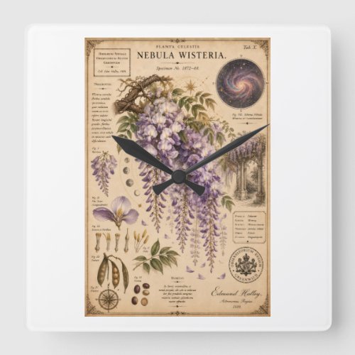 Nebula Wisteria Victorian Botanical Museum Print Square Wall Clock