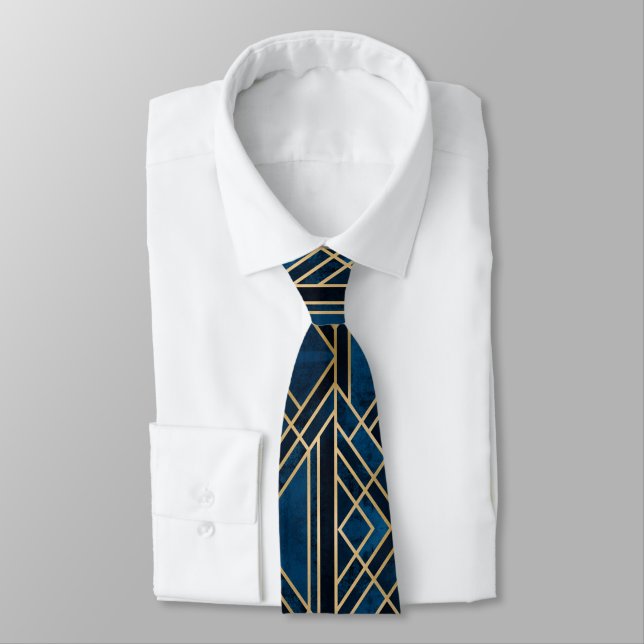 Neck Tie - Art Deco Blue & Gold Mirrored (Tied)