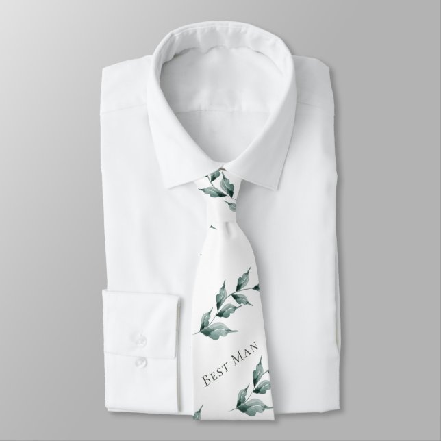 Neck Tie Best Man | Grayed Jade Green Botanical (Tied)