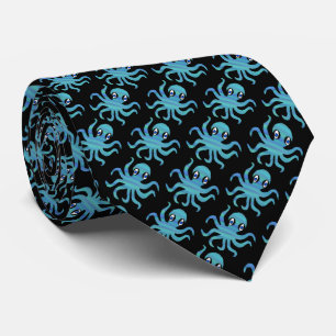 Neck Tie (black) - Blue Green Octopus