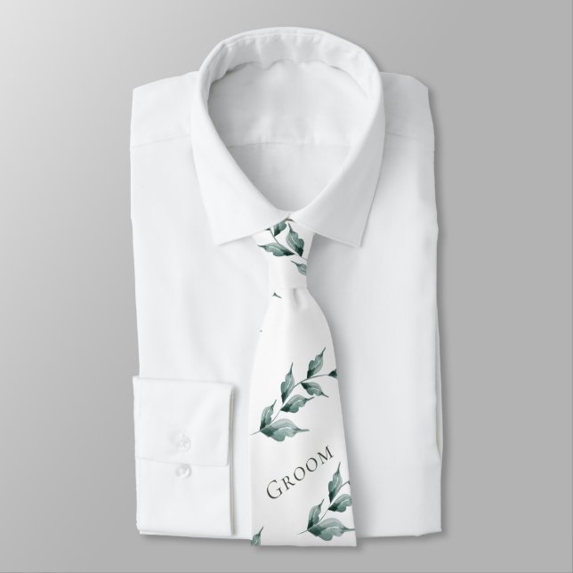Neck Tie Groom | Grayed Jade Green Botanical (Tied)