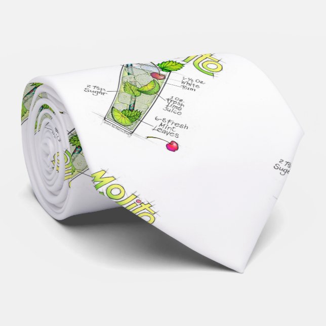 NECK TIE - MOJITO RECIPE COCKTAIL ART (Rolled)