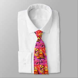 Neck Tie Whimsical Abstract Flamingo Pink Orange