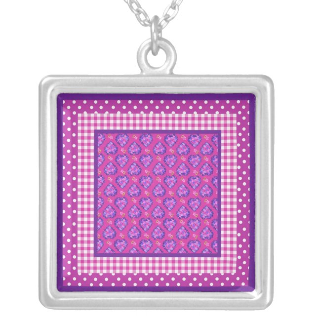 Necklace, Hearts, Flowers, Checks, Polka Dots Silver Plated Necklace (Front)