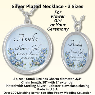 Necklace, Name Flower Girl, Blue Peony Silver Plated Necklace