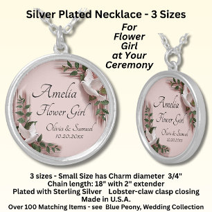 Necklace, Name Flower Girl, Pink Roses & Doves Silver Plated Necklace