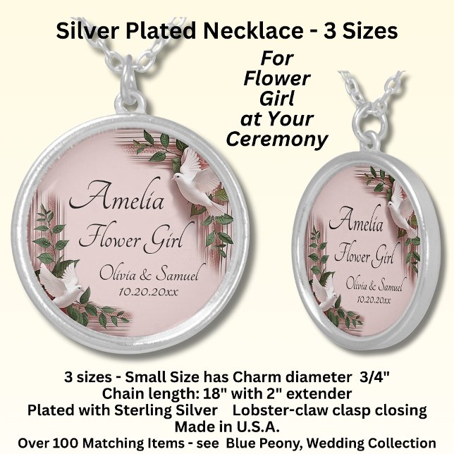 Necklace, Name Flower Girl, Pink Roses & Doves Silver Plated Necklace (Creator Uploaded)
