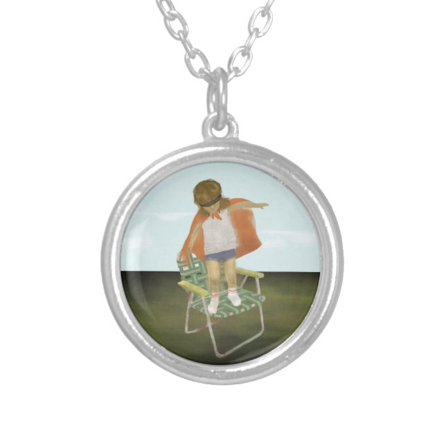 Necklace- original art- "backyard hero" silver plated necklace (Front)