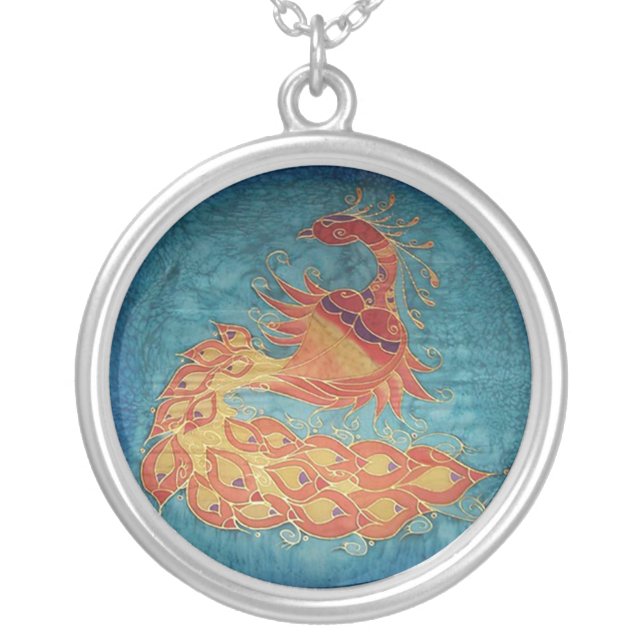 Necklace: Peacock Silk Painting Silver Plated Necklace (Front)