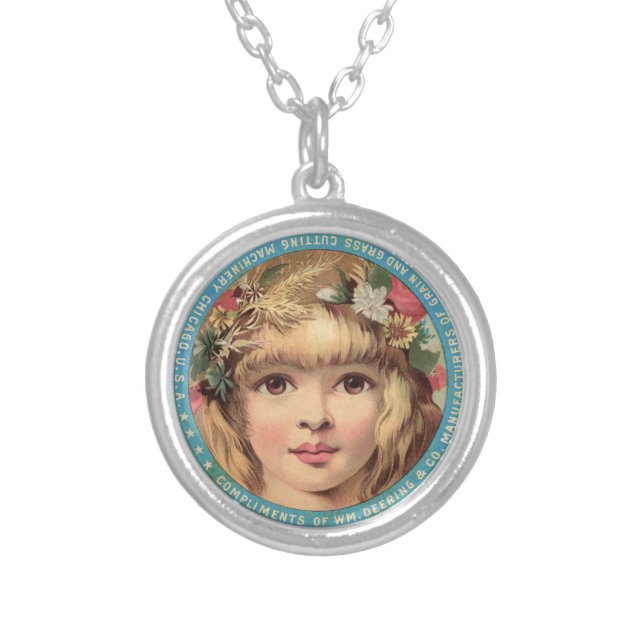 Necklace pretty Girl with Flowers, vintage advert (Front)