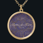 Necklace Purple & Golden Rose-Familes Are Forever<br><div class="desc">Necklace shown in Gold tone with a Golden Taupe multi-rose print over a Violet Purple background and text of "Families Are Forever 2018" in fancy script of Taupe. Customize this necklace with a special date or/and choose your style or change colors. Or buy as designed.</div>