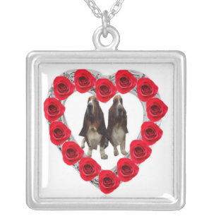 Necklace Red Roses Heart With Basset Hounds