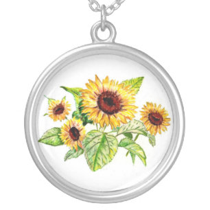 Necklace, Sunflower Bouquet Drawing Silver Plated Necklace