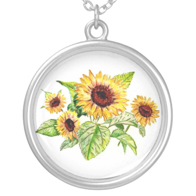 Necklace, Sunflower Bouquet Drawing Silver Plated Necklace (Front)