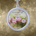 Necklace Walk By Faith Sterling Sliver Plated<br><div class="desc">Floral round pendant necklace sterling silver plated,  with scripture "For we walk by faith,  not by sight."
2 Corinthians 5:7.</div>