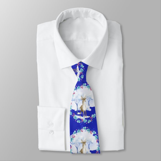 Necktie with a Deer in Blue & White (Tied)