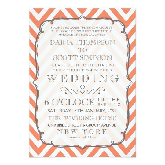 Nectarine Orange Chevron Stripes Wedding Invite