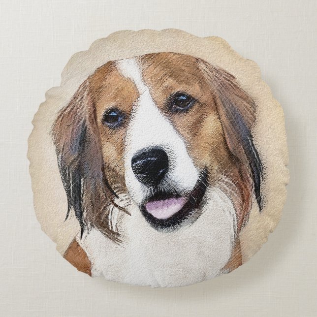 Nederlandse Kooikerhondje Painting - Dog Art Round Pillow (Front)