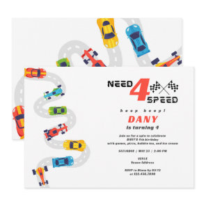 Need 4 Speed Motor Car Racing Boy Fourth Birthday Invitation