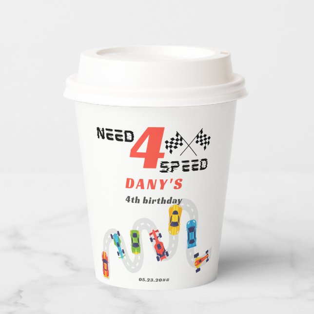 Need 4 Speed Motor Car Racing Boy Fourth Birthday Paper Cups (Front)