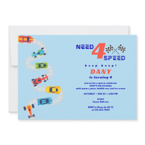 Need 4 Speed Motor Car Racing Boys Fourth Birthday Invitation