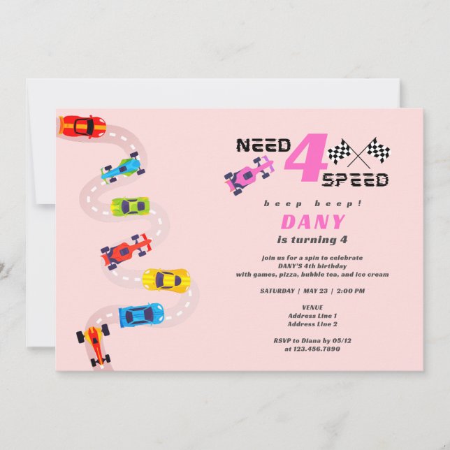 Need 4 Speed Motor Car Racing Girl Fourth Birthday Invitation (Front)