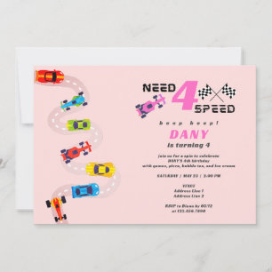 Need 4 Speed Motor Car Racing Girl Fourth Birthday Invitation