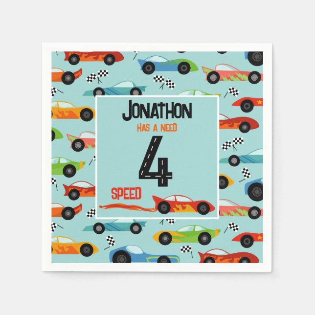 Need 4 speed racecar fourth birthday party napkins (Front)