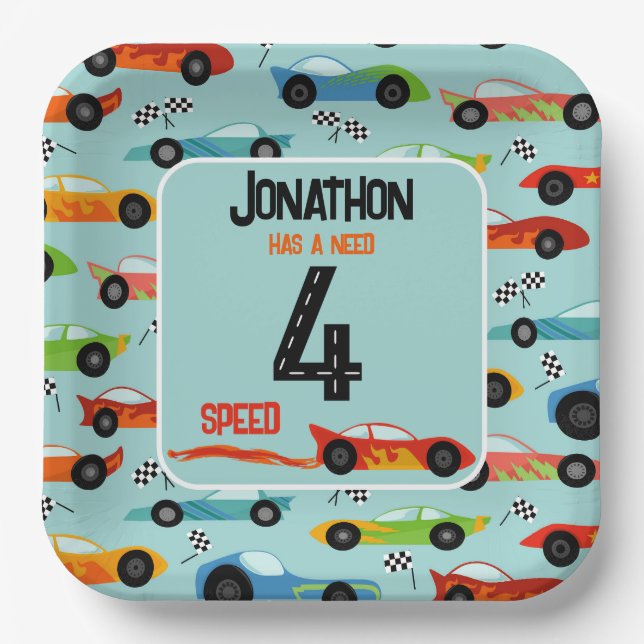 Need 4 speed racecar fourth birthday party paper plates (Front)