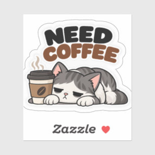 Need Coffee – Sleepy Cat Funny Sticker