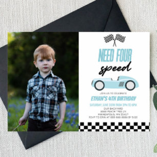 Need Four Race Car 4th Picture Birthday Party Invitation