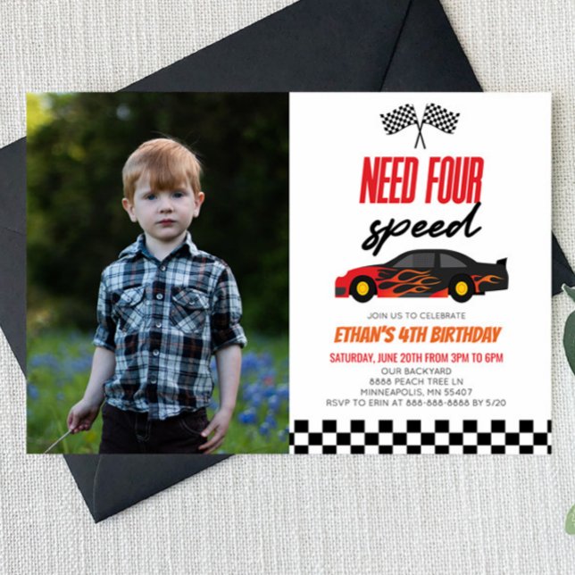 Need Four Race Car 4th Picture Birthday Party Invitation (Creator Uploaded)