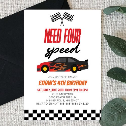 Need Four Red Flame Race Car 4th Birthday Party Invitation