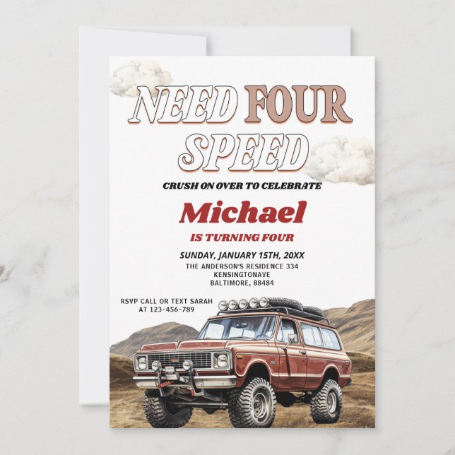 Need Four Speed 4x4 Red Truck 4th Birthday Party Invitation (Front)