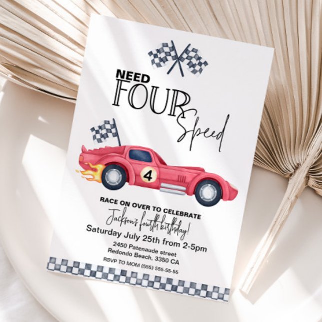 Need FOUR Speed Birthday Invitation | Red Race Car (Red Race Car invitation - Need FOUR Speed - 4th birhtday invitation)