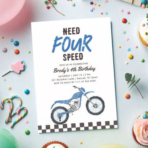 Need Four Speed Blue Dirt Bike 4th Birthday Invitation