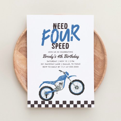 Need Four Speed Blue Dirt Bike Boy 4th Birthday Invitation