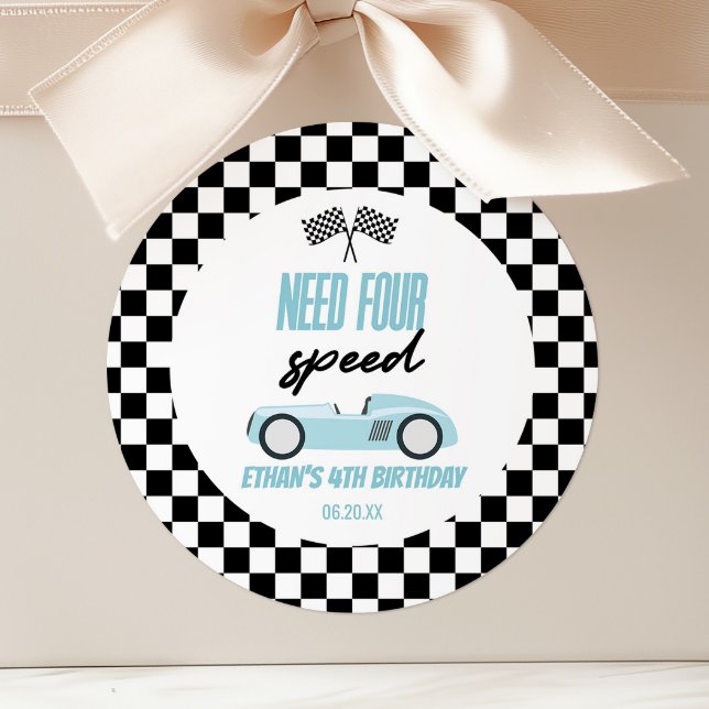 Need Four Speed Blue Race Car 4th Birthday Party Classic Round Sticker (Creator Uploaded)