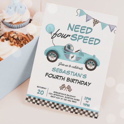 Need Four Speed Blue Race Car 4th Birthday Party Invitation