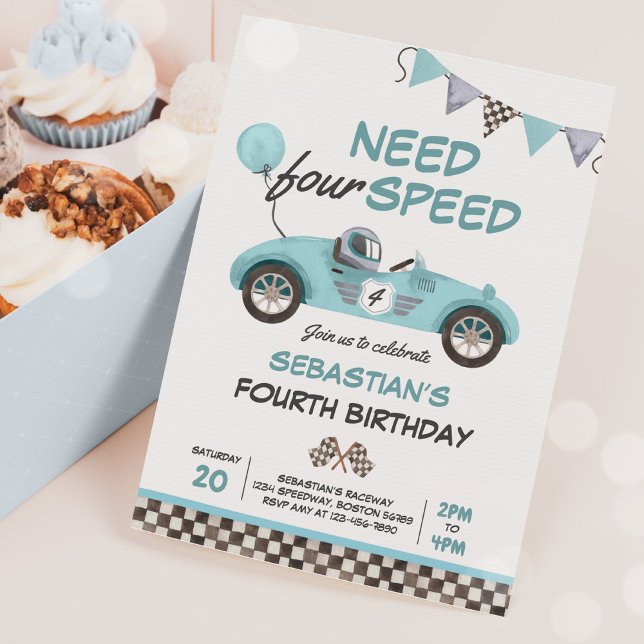 Need Four Speed Blue Race Car 4th Birthday Party Invitation (Creator Uploaded)