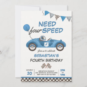 Need Four Speed Blue Race Car 4th Birthday Party Invitation