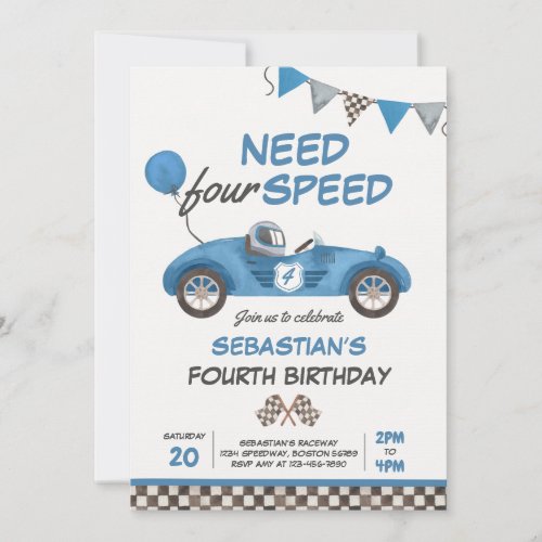 Need Four Speed Blue Race Car 4th Birthday Party Invitation