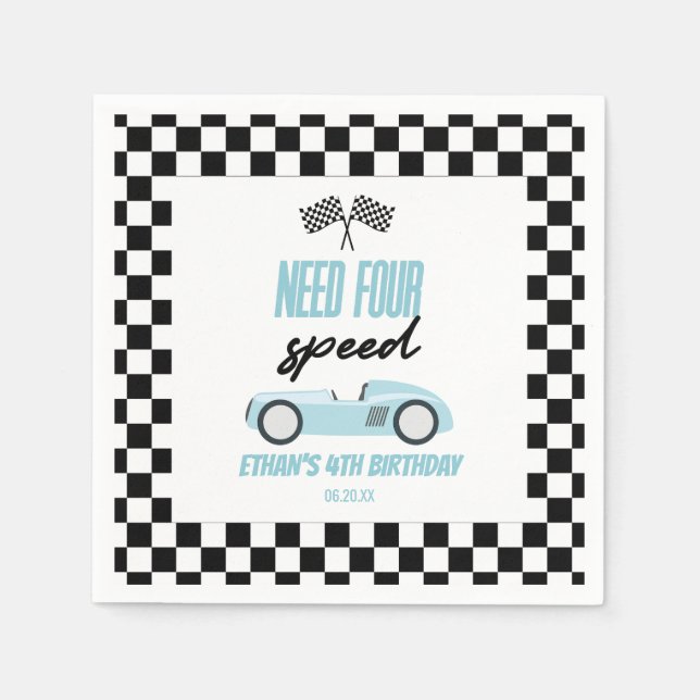 Need Four Speed Blue Race Car 4th Birthday Party Napkins (Front)