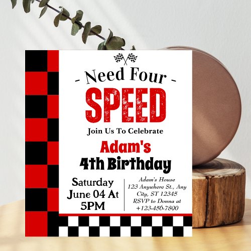 Need Four Speed Boy 4th Birthday Party  Invitation