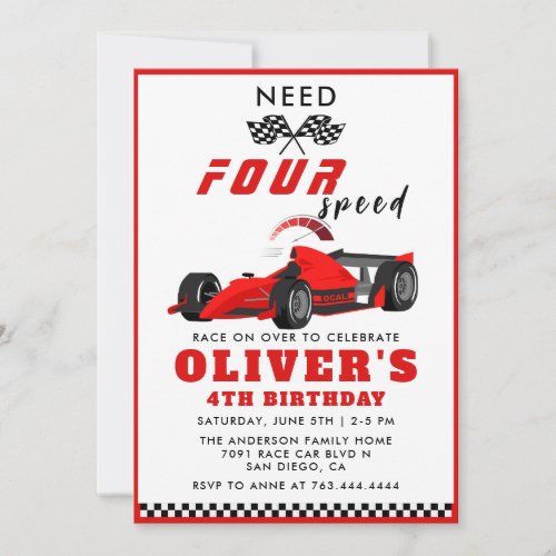 Need Four Speed Car Boy 4th Birthday  Invitation