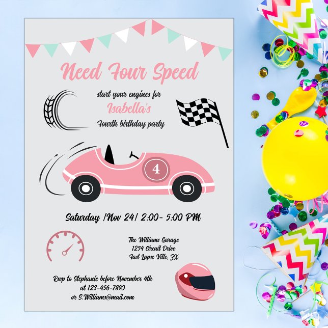 Need Four Speed Festive Pink Race Car Birthday Invitation (Creator Uploaded)