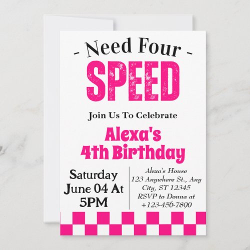 Need Four Speed Girl 4th Birthday Party  Invitation