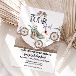 Need FOUR Speed Green Dirt Bike 4th birthday  Invitation