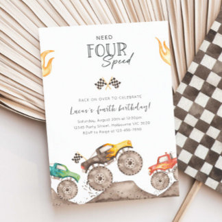Need Four Speed Monster Truck 4th Birthday Bash Invitation