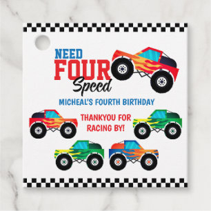 Need Four Speed Monster Truck 4th Birthday Favor Tags